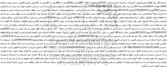 آگهی مزایده ششدانگ یک قطعه زمین به مساحت 233/21مترمربع