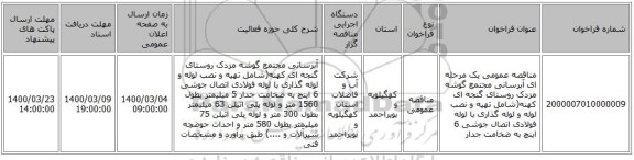 مناقصه عمومی یک مرحله ای آبرسانی مجتمع گوشه مزدک روستای گنجه ای کهنه(شامل تهیه و نصب لوله و لوله گذاری با لوله فولادی اتصال جوشی 6 اینچ به ضخامت جدار 