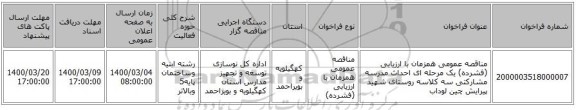 مناقصه عمومی همزمان با ارزیابی (فشرده) یک مرحله ای احداث مدرسه مشارکتی سه کلاسه روستای شهید پیرایش چین لوداب