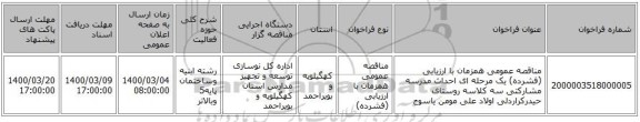 مناقصه عمومی همزمان با ارزیابی (فشرده) یک مرحله ای احداث مدرسه مشارکتی سه کلاسه روستای حیدرکراردلی اولاد علی مومن یاسوج