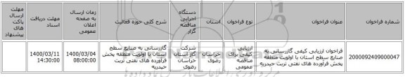 فراخوان ارزیابی کیفی گازرسانی به صنایع سطح استان با اولویت منطقه پخش فرآورده های نفتی تربت حیدریه