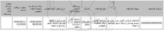فراخوان ارزیابی کیفی عیب یابی و ترمیم پوشش شبکه شهر نیشابور و حومه