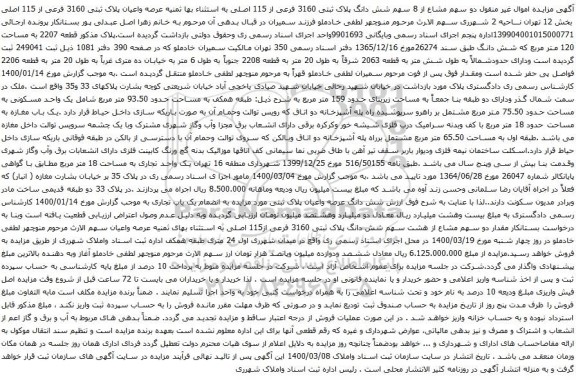 آگهی مزایده دو سهم مشاع از 8 سهم شش دانگ پلاک ثبتی 3160 فرعی از 115 اصلی