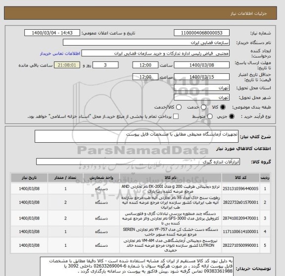 استعلام تجهیزات آزمایشگاه محیطی مطابق با مشخصات فایل پیوست