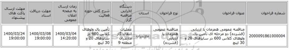 مناقصه عمومی همزمان با ارزیابی (فشرده) دو مرحله ای تأمین بال ولوهای کلاس 600 در سایزهای 20 و 30 اینچ 