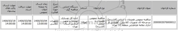 مناقصه عمومی همزمان با ارزیابی (فشرده) دو مرحله ای تجهیزات کلاسی ، آموزشی و اداری علامه طباطبایی منطقه 10 تهران
