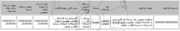 مناقصه عمومی یک مرحله ای گازرسانی به کارخانه فراوری دولومیت نسوز وابسته به شرکت شستا واقع در نهاوند