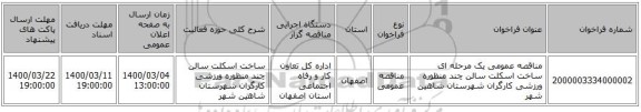 مناقصه عمومی یک مرحله ای ساخت اسکلت سالن چند منظوره ورزشی کارگران شهرستان شاهین شهر