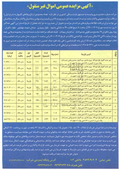 مزایده،مزایده واگذاری تعداد محدودی از باغ ویلاهای گلبهار