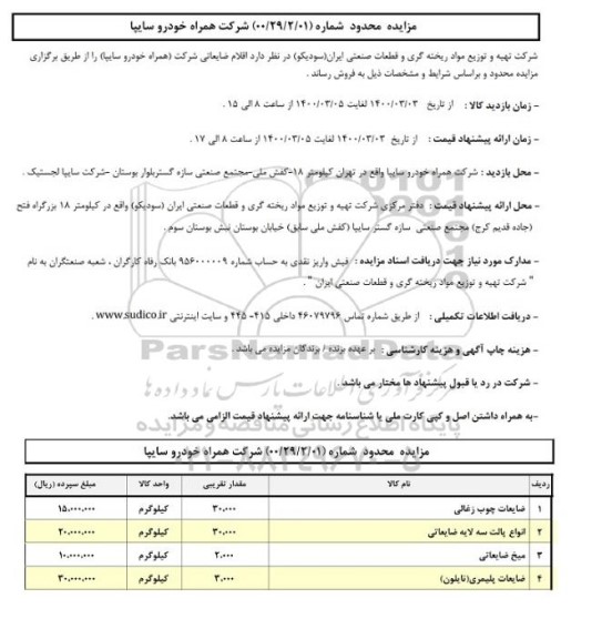 مزایده فروش اقلام ضایعاتی