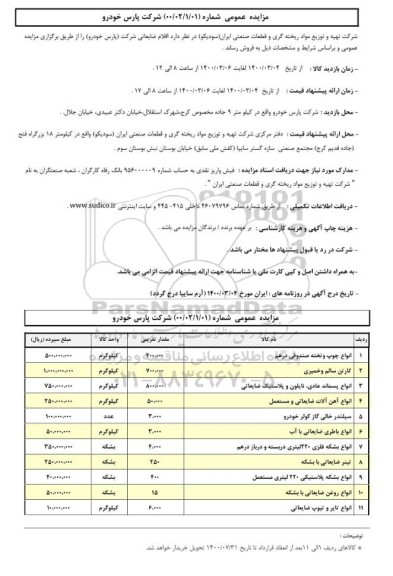 مزایده،مزایده اقلام ضایعاتی شرکت (پارس خودرو)