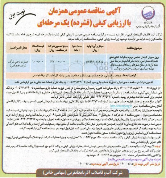 مناقصه ، مناقصه برون سپاری کارهای حجمی مربوط به قرائت کنتور، قطع انشعابات مشترکین