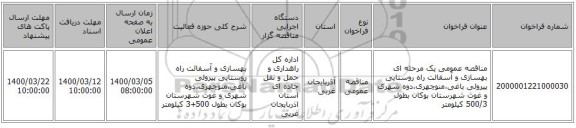 مناقصه عمومی یک مرحله ای بهسازی و آسفالت راه روستایی پیرولی باغی،منوچهری،دوه شهری و غوث شهرستان بوکان بطول 500/3 کیلومتر