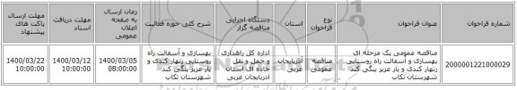مناقصه عمومی یک مرحله ای بهسازی و آسفالت راه روستایی زنهار کندی  و یار عزیز ینگی کند شهرستان تکاب