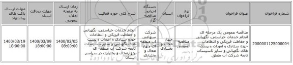 مناقصه عمومی یک مرحله ای انجام خدمات حراستی، نگهبانی و حفاظت فیزیکی و انتظامات حوزه ستادی و امورات و پست های نگهبانی و سایر تاسیسات تابعه شرکت آب منطق