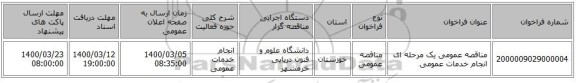مناقصه عمومی یک مرحله ای انجام خدمات عمومی 
