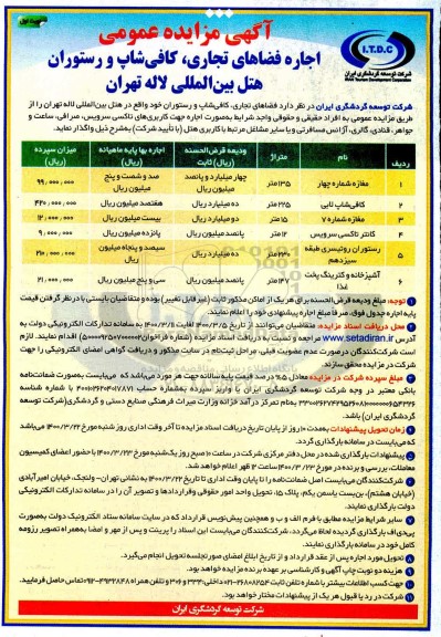 مزایده عمومی, مزایده اجاره فضاهای تجاری، کافی شاپ و رستوران هتل