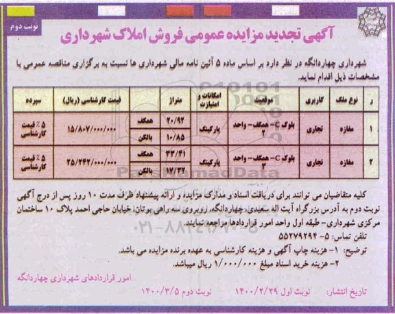 مزایده مزایده تجدید فروش املاک کاربری تجاری نوبت دوم 