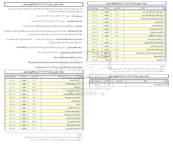مزایده، مزایده فروش اقلام ضایعاتی شرکت قالبهای صنعتی