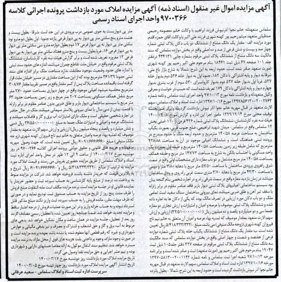 مزایده،مزایده یک دانگ مشاع از ششدانگ دوباب دکان پلاک ثبتی