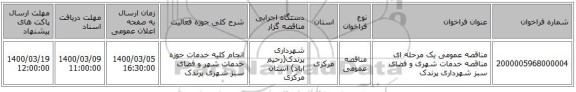 مناقصه عمومی یک مرحله ای مناقصه خدمات شهری و فضای سبز شهرداری پرندک