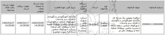 مناقصه عمومی یک مرحله ای واگذاری امورنگهبانی و نگهداری از فضای سبز وخدمات شهرکهای صنعتی سطح استان و مدیریت وتامین نیروهای تصفیه خانه و نیروهای دفتر مر
