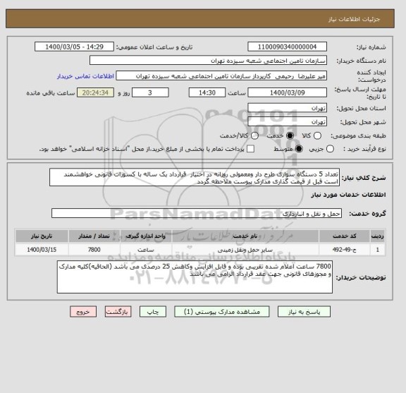استعلام تعداد 5 دستگاه سواری طرح دار ومعمولی روزانه در اختیار  قرارداد یک ساله با کسورات قانونی خواهشمند است قبل از قیمت گذاری مدارک پیوست ملاحظه گردد 