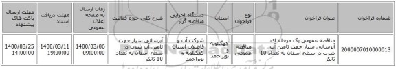 مناقصه عمومی یک مرحله ای آبرسانی سیار جهت تامین آب شرب در سطح استان به تعداد 10 تانکر