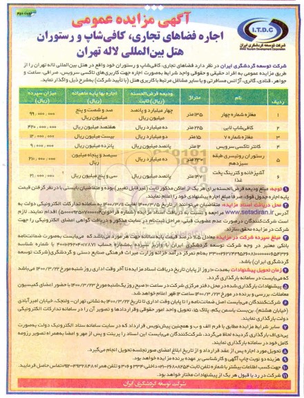 مزایده عمومی, مزایده اجاره فضاهای تجاری، کافی شاپ و رستوران هتل