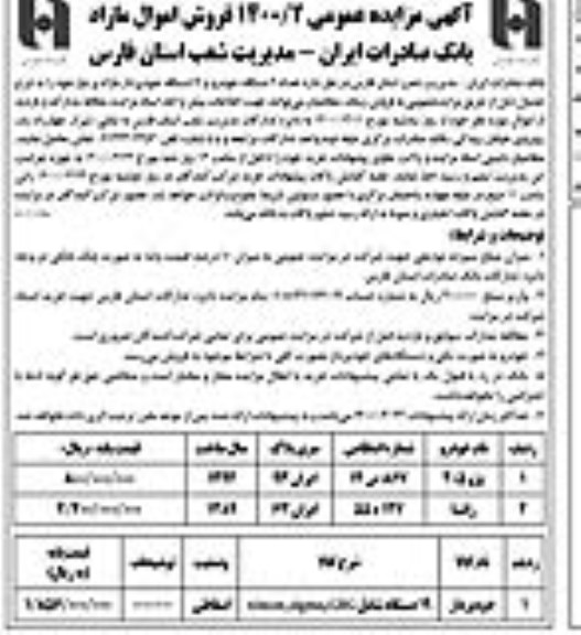 مزایده فروش تعداد 2 دستگاه خودرو و 19 دستگاه خودپرداز مازاد