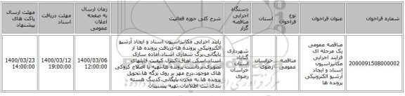 مناقصه عمومی یک مرحله ای فرایند اجرایی مکانیزاسیون اسناد و ایجاد آرشیو الکترونیکی پرونده ها