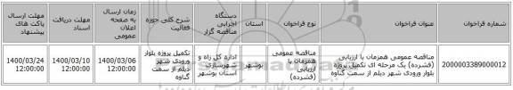 مناقصه عمومی همزمان با ارزیابی (فشرده) یک مرحله ای تکمیل پروژه بلوار ورودی شهر دیلم از سمت گناوه