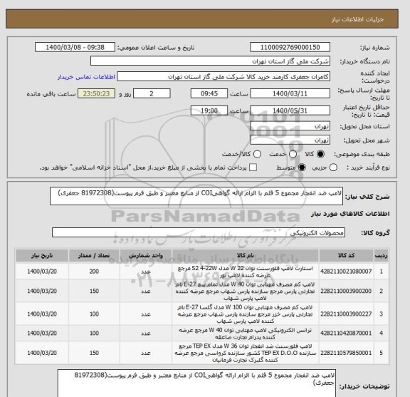 استعلام لامپ ضد انفجار مجموع 5 قلم با الزام ارائه گواهیCOI از منابع معتبر و طبق فرم پیوست(81972308 جعفری)