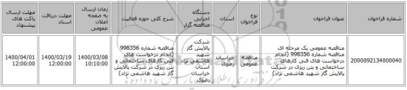 مناقصه عمومی یک مرحله ای مناقصه شماره 998356 (انجام درخواست های فنی کارهای ساختمانی و بتن ریزی در شرکت پالایش گاز شهید هاشمی نژاد)