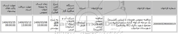 مناقصه عمومی همزمان با ارزیابی (فشرده) یک مرحله ای لوله گذاری و احداث ابنیه در مجتمع شهید باکری (81 روستایی) شهرستان میاندوآب