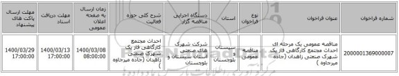 مناقصه عمومی یک مرحله ای احداث مجتمع کارگاهی فاز یک  شهرک صنعتی زاهدان (جاده میرجاوه )