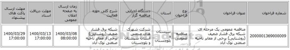 مناقصه عمومی یک مرحله ای شبکه برق فشار ضعیف (روشنایی) برخی از معابر ناحیه صنعتی نوک آباد