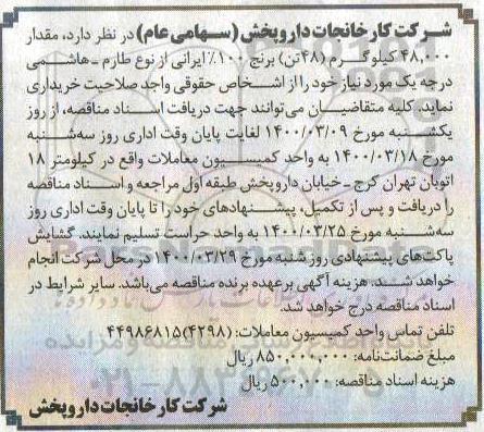 مناقصه مقدار 48.000 کیلوگرم (48 تن) برنج 100% ایرانی 