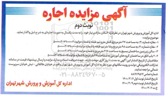 مزایده , مزایده 4 مکان مازاد بر نیاز
