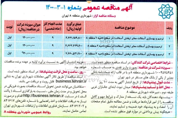 مناقصه عمومی، مناقصه ترمیم و بهسازی آسفالت معابر 