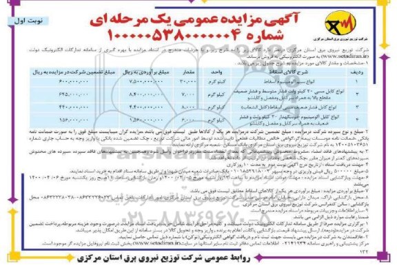 مزایده انواع سیم آلومینیوم اسقاط...