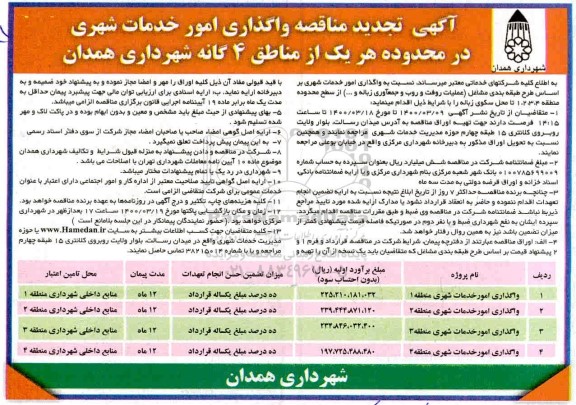 تجدید مناقصه, مناقصه واگذاری امور خدمات شهری تجدید