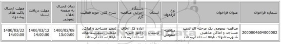 مناقصه عمومی یک مرحله ای تعمیر مساجد و اماکن مذهبی شهرستانهای تابعه استان لرستان