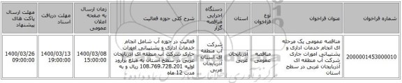 مناقصه عمومی یک مرحله ای انجام خدمات اداری و پشتیبانی امورات جاری شرکت آب منطقه ای آذربایجان غربی در سطح استان