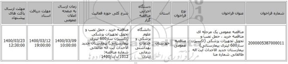 مناقصه عمومی یک مرحله ای مناقصه خرید ، حمل نصب و تحویل تجهیزات پزشکی (اکسیژن ساز600 لیتری بیمارستانی) بیمارستان جدید الاحداث آیت اله طالقانی شماره منا