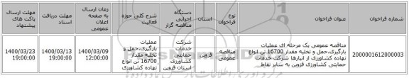 مناقصه عمومی یک مرحله ای عملیات بارگیری،حمل و تخلیه مقدار 16700 تن انواع نهاده کشاورزی از انبارها شرکت خدمات حمایتی کشاورزی قزوین  به سایر نقاط