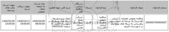 مناقصه عمومی همزمان با ارزیابی (فشرده) یک مرحله ای انتقال نیرو و برقرسانی به شبکه های توزیع برق در شهرستان کازرون 