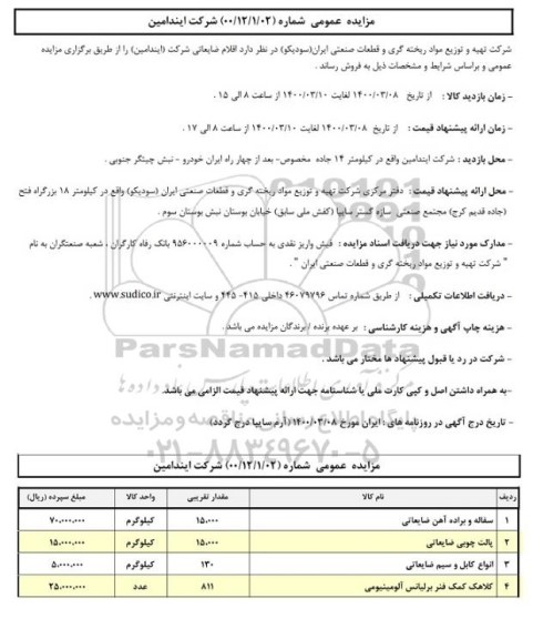 مزایده، مزایده فروش اقلام ضایعاتی شرکت