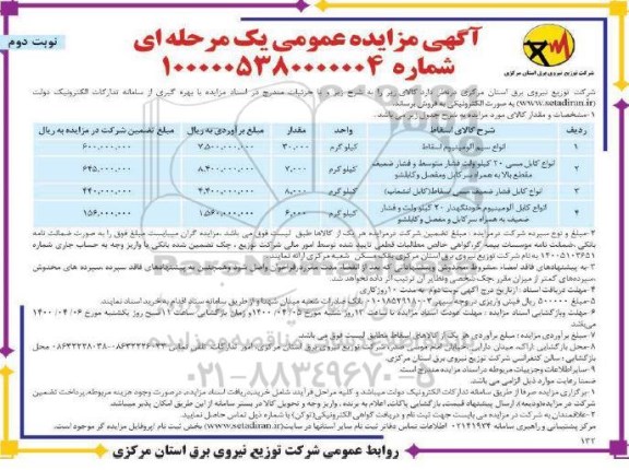 مزایده انواع سیم آلومینیوم اسقاط...- نوبت دوم