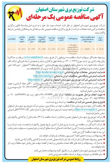 مناقصه مناقصه اصلاح ساختار شبکه های توزیع برق در محدود...